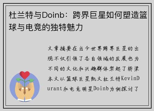 杜兰特与Doinb:跨界巨星如何塑造篮球与电竞的独特魅力 杜兰特与Doinb:跨界巨星如何塑造篮球与电竞的独特魅力