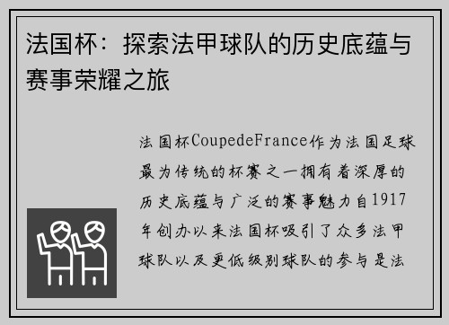 法国杯:探索法甲球队的历史底蕴与赛事荣耀之旅 法国杯:探索法甲球队的历史底蕴与赛事荣耀之旅